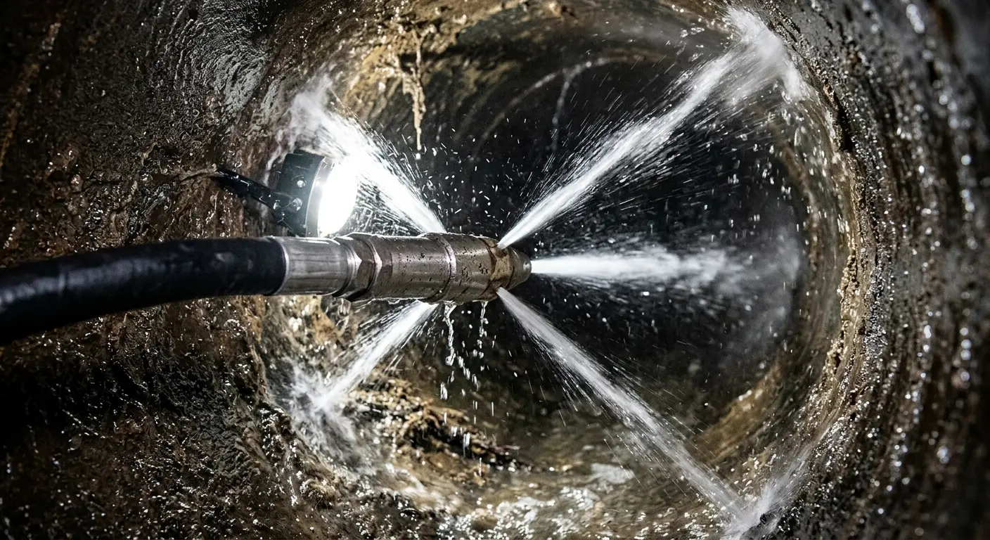 High-pressure hydro jetting nozzle cleaning sewer pipe for Trenchless Sewer Repair in Roseburg