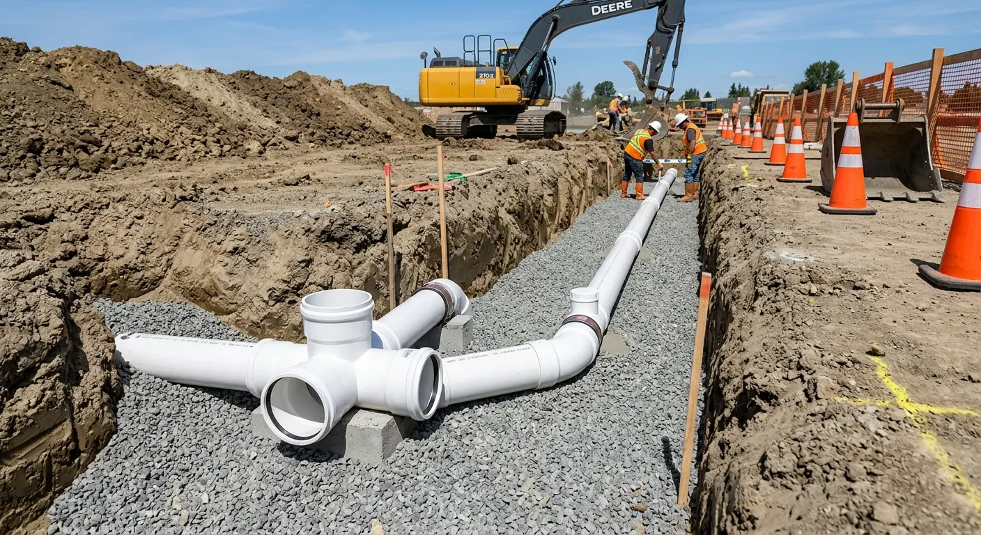 New PVC sewer pipe installation in open trench for Commercial Drain Cleaning in Roseburg
