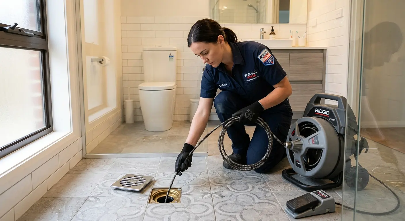 Technician clearing a bathroom floor drain for Drain Cleaning in Roseburg